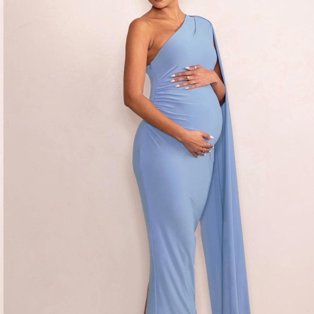 POWDER BLUE MATERNITY ONE SHOULDER MAXI DRESS WITH CAPE SLEEVE